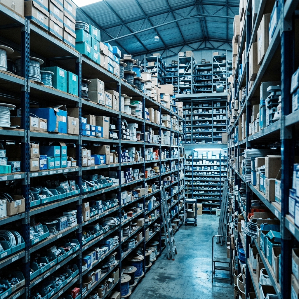 Prateleiras de estoque de materiais elétricos